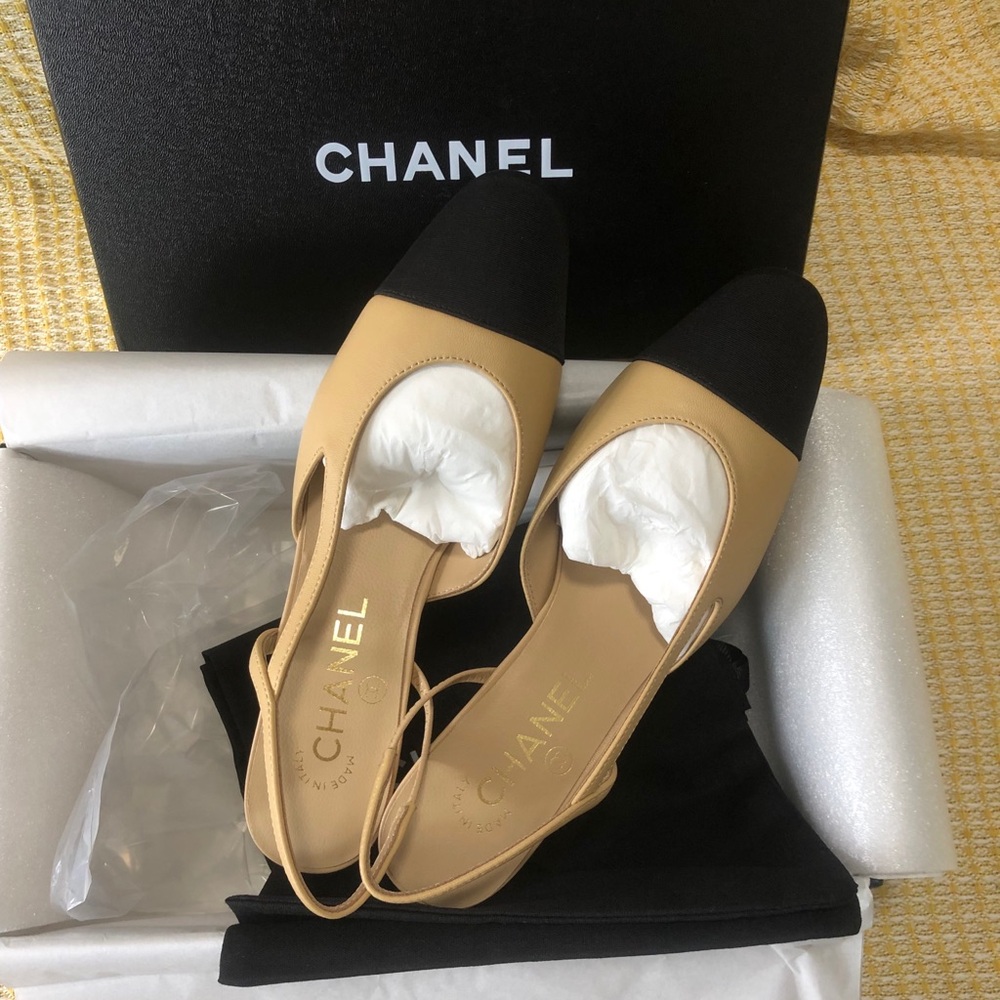 Chanel Beige Black Slingback Classic High Heels